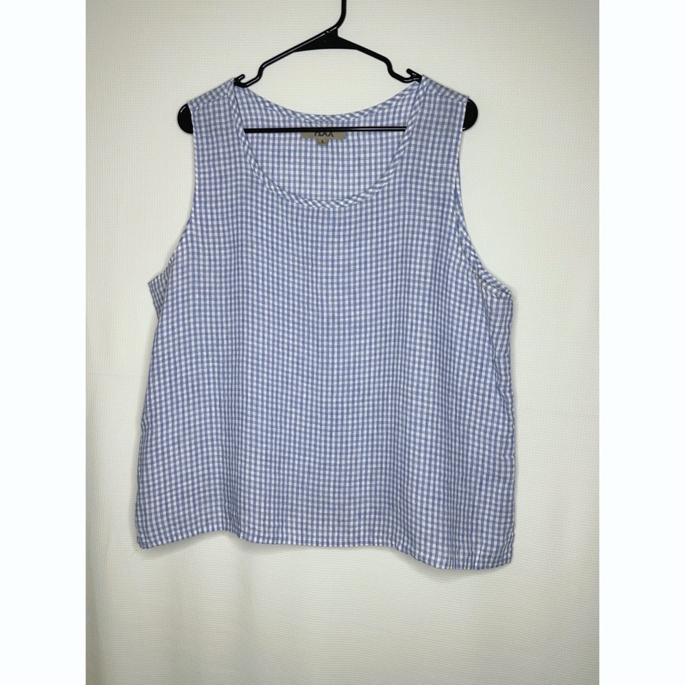 FLAX Tank Top Blue Gingham 100% Linen Sleeveless Scoop Neck size Large